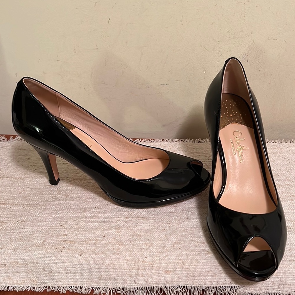 Cole Haan Black Patent Peeptoe Heels